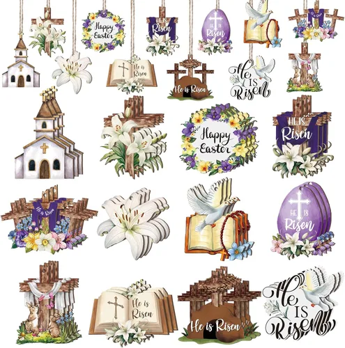 Wenqik 36 adornos colgantes de madera de Pascua para árbol He is resucitado, decoraciones religiosas de Pascua, decoración de madera de huevo