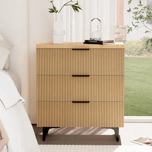 Miniatura 33 de Royal Windsor Mesita de noche acanalada con 3 cajones, mesa auxiliar lateral, armario de almacenamiento de acento, mesita de noche moderna
