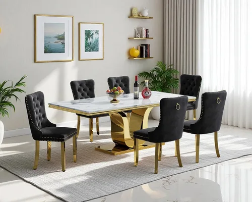 Miniatura 17 de Henf Juego de mesa de comedor de mármol sintético de 68 pulgadas para 6, juego de mesa de comedor de 7 piezas con 6 sillas copetudas de terciopelo
