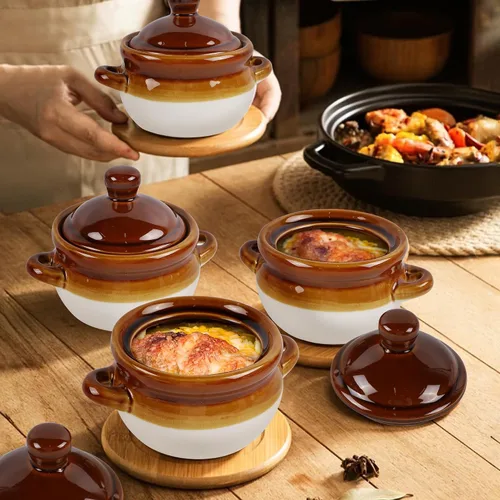 Miniatura 2 de Adroiteet Juego de 4 cuencos de sopa de cebolla francesa, crocks de sopa de 16 onzas con asas y tapas, cuencos de cerámica aptos para horno, cuenco