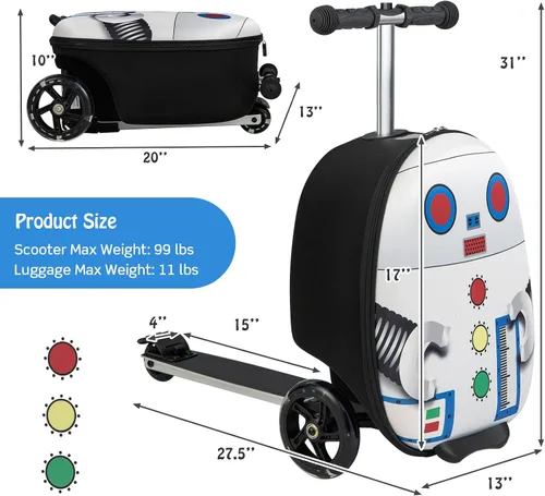 Miniatura 5 de Costzon Patineta plegable para niños, 2 en 1 con ruedas iluminadas, sistema de frenos, maleta de mano para viajes, escuela, al aire libre