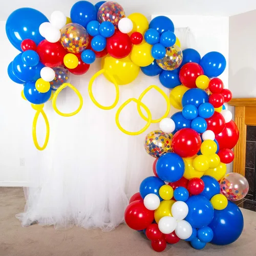 Shimmer and Confetti - Kit de guirnalda de globos de figuras de acción de erizo de alta calidad de 16 pies, color azul real, rojo, amarillo y blanco
