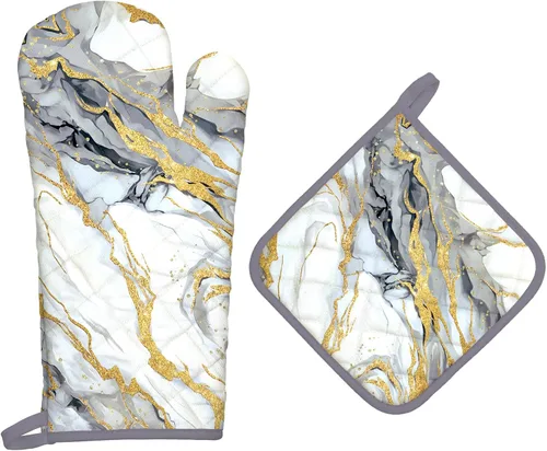 Miniatura 12 de Juego de 4 manoplas de horno y soportes para ollas de mármol de oro blanco, 100% algodón, resistentes al calor, guantes de horno extralargos