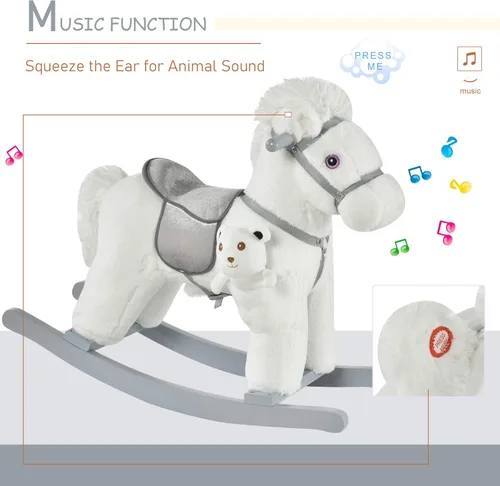 Miniatura 5 de Qaba Caballo Mecedor Montable de Peluche para Niños con Juguete de Oso, Silla para Niños con Juguete de Peluche Suave y Divertidos Sonidos Blanco