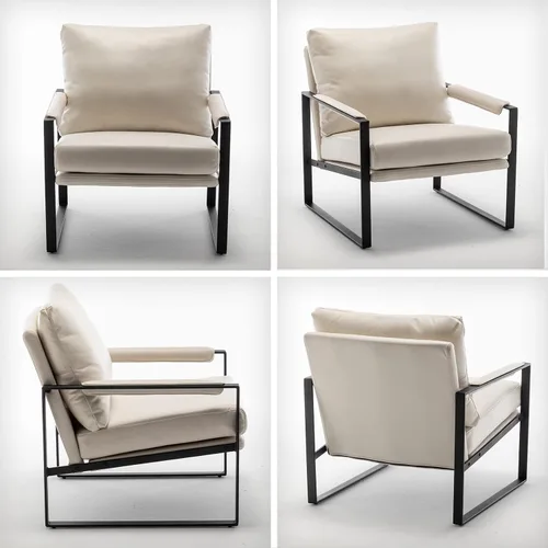 Miniatura 7 de UNICOO Silla decorativa moderna de piel sintética, sillón tapizado con marco de metal, cojín de asiento grueso y almohada trasera de gran