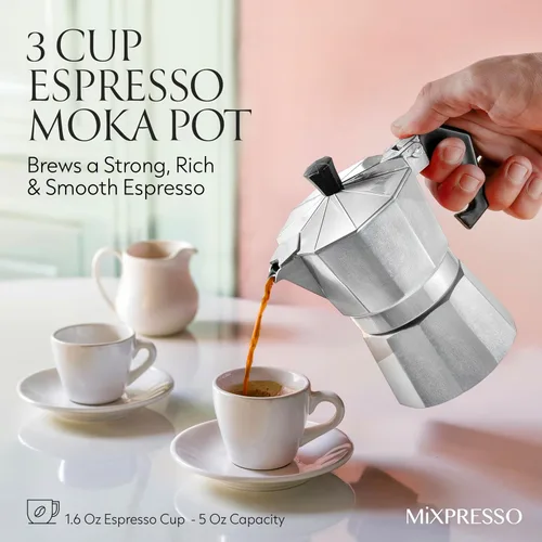 Miniatura 4 de Mixpresso Moka Pot 3 tazas (5 onzas en total) – Cafetera de café espresso para estufa de gas y eléctrica, cafetera cubana e italiana de aluminio