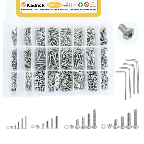 Kadrick 1230 piezas de tornillos de acero inoxidable 304, surtido métrico M2 M3 M4 M5, kit de pernos de cabeza hexagonal de botón de 4mm-20mm con