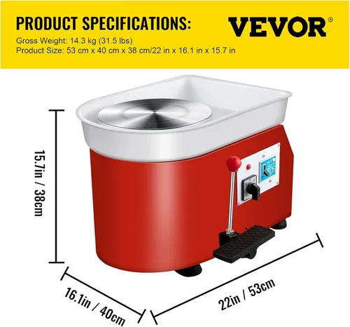 Miniatura 7 de VEVOR Rueda de Cerámica 25cm Máquina Formadora de Cerámica 350W Rueda de Cerámica Eléctrica con Pies Ajustables, Pedal de Palanca, Herramienta