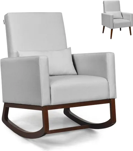 Miniatura 11 de Giantex Mecedora de tela con respaldo alto y almohada para la cintura, de madera, cónica y mecedora de dos patas, silla tapizada multifuncional