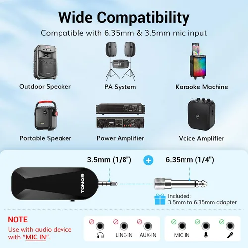 Miniatura 2 de TONOR - Auriculares inalámbricos con micrófono, sistema de auriculares con micrófono UHF, micrófono de mano y de cabeza 2 en 1, micrófono de oreja