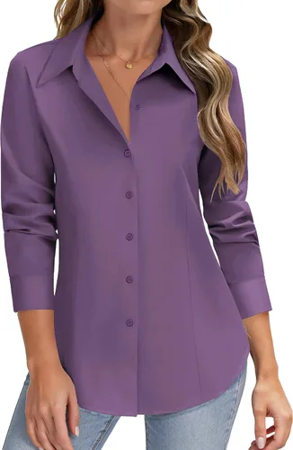 Miniatura 10 de HOTOUCH Camisas de manga larga con botones para mujer, camisas de vestir con protección contra manchas, ajuste delgado, blusas de trabajo, oficina