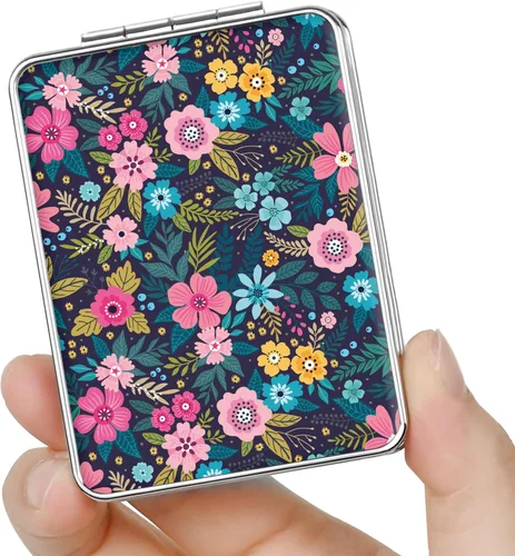 Miniatura 24 de Espejo de bolsillo, pequeño espejo de viaje con aumento, espejo cosmético portátil de doble cara con aumento para uso diario (2 flores)