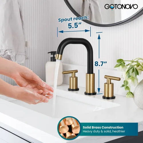 Miniatura 3 de gotonovo Grifo de lavabo de baño de 8 pulgadas, 3 agujeros, 2 asas, lavabo con drenaje desplegable con válvulas mezcladoras frías y calientes
