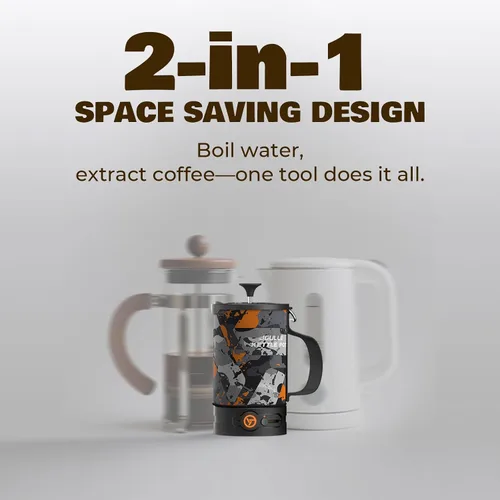 Miniatura 4 de Cafetera Eléctrica de Prensa Francesa Stoke Voltaics, 120V Hierve Agua y Prensa Café 2-en-1, Diseño Portátil para Acampar, Viajes, Preparación