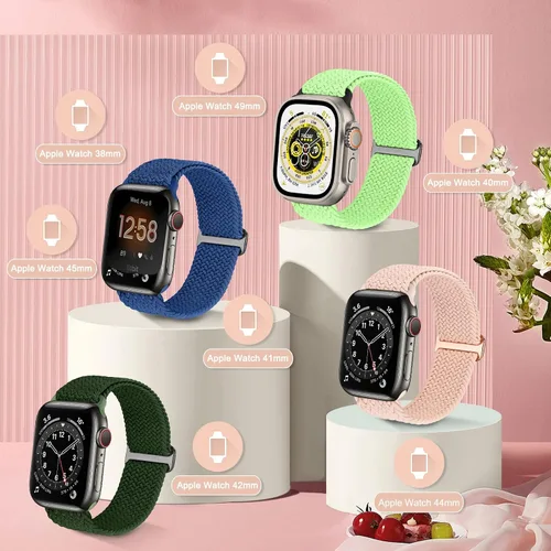Miniatura 2 de Paquete de 5 correas ajustables compatibles con Apple Watch de 1.496 in 1.575 in 1.614 in 1.654 in 1.732 in 1.772 in 1.929 in, nailon trenzado Solo