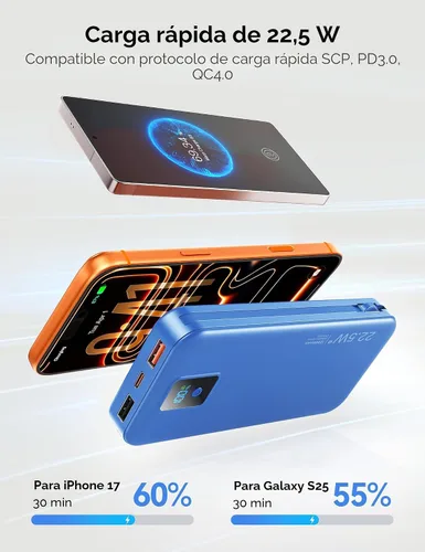 Miniatura 4 de Cargador portátil, cargador de batería de carga rápida de 12000 mAh 22.5 W con cables integrados y enchufe de pared, paquete de baterías esenciales