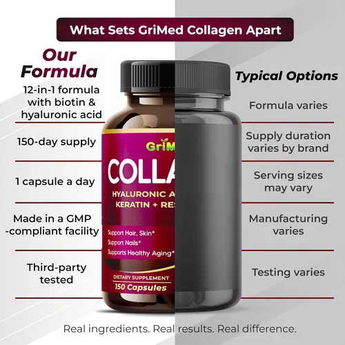 Miniatura 6 de GriMed Cápsulas de colágeno orgánico con ácido hialurónico, biotina, queratina y resveratrol, suplemento para uñas de piel y cabello, 150