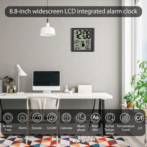 Miniatura 6 de Reloj de pared atómico con pantalla de números grandes para interiores y exteriores Wall Clock Battery Operated, Alarm