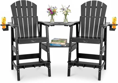 Miniatura 17 de FUNBERRY Juego de 2 sillas altas Adirondack con mesa de conexión extraíble, silla de balcón alta para todo tipo de clima con portavasos 2