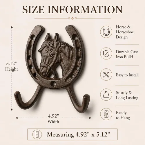 Miniatura 9 de Comfy Hour Gancho de pared de herradura de hierro fundido resistente de 5 pulgadas, soporte decorativo de doble llave para pared, gancho rústico