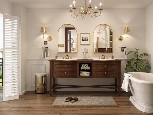Miniatura 2 de Brightify Espejo arqueado, espejo de pared arqueado, espejo de arco dorado de 20 x 30 pulgadas, espejo de baño dorado con marco de metal, espejo