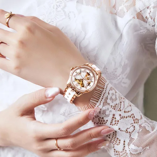 Miniatura 2 de OLEVS Relojes de oro rosa para mujer correa de acero inoxidable de cerámica reloj mecánico automático calendario de puntero luminoso impermeable