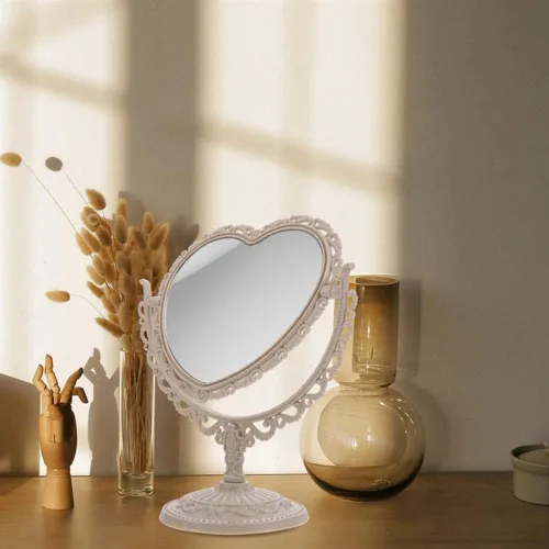 Miniatura 2 de AKOAK Espejo cosmético en forma de corazón, plástico, de doble cara, giratorio, ligero, espejo de baño y dormitorio (beige) Plástico de doble
