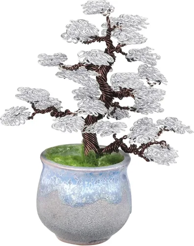 Amogeeli Bonsái artificial de alambre de aluminio con maceta de cerámica, escultura de árbol de dinero Fengshui hecha a mano, decoración del hogar