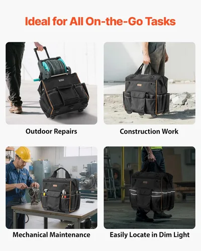 Miniatura 6 de VEVOR Bolsa de herramientas rodante de 18", capacidad de carga de 110 lbs, 25 bolsillos, bolsa de herramientas rodante resistente con mango