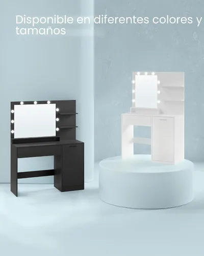 Miniatura 6 de VASAGLE Kailyn Collection - Escritorio de tocador con tomas de corriente y luces LED, mesa de maquillaje de 35.4 pulgadas de ancho con espejo, cajón