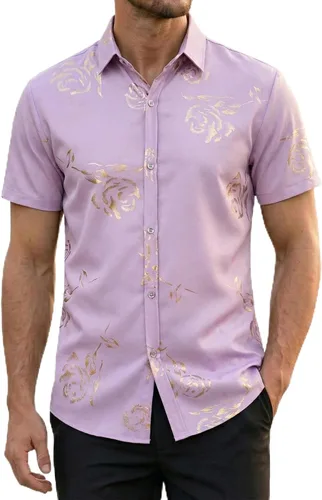 Miniatura 8 de ZEROYAA - Camisas de vestir de manga corta con estampado de rosa dorada para hombre, estilo hipster, calce ajustado, con botones
