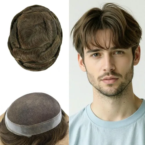 Miniatura 76 de Toupee para hombres Sistema de reemplazo de cabello humano real pieza de cabello humano para hombres encaje suizo para hombre Toupee Hair Pieces