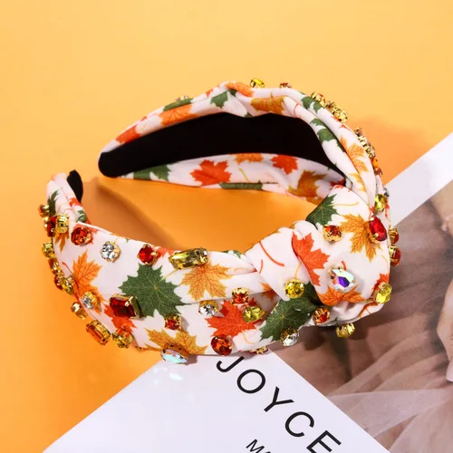 Miniatura 5 de Diadema de otoño, accesorios de Acción de Gracias para mujer, diadema anudada de cristal con diamantes de imitación, estampado de hojas de arce