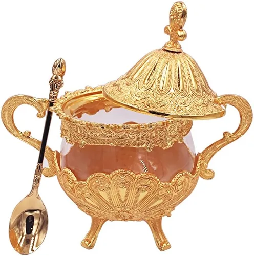 Hourwof Azucarero con tapa y cuchara para cocina, cafetería, fiesta de boda, recipiente de metal y vidrio para azúcar y azúcar en polvo, contenedor