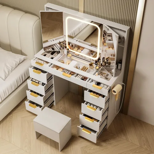 Miniatura 4 de Pamapic - Escritorio de maquillaje con 11 cajones y espejo plegable, tocador de maquillaje con superficie de vidrio y luces LED, 3 modos