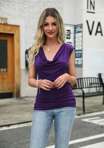 Miniatura 2 de Zeagoo - Camiseta sin mangas elástica de cuello holgado y fruncido, con drapeado lateral, para mujer