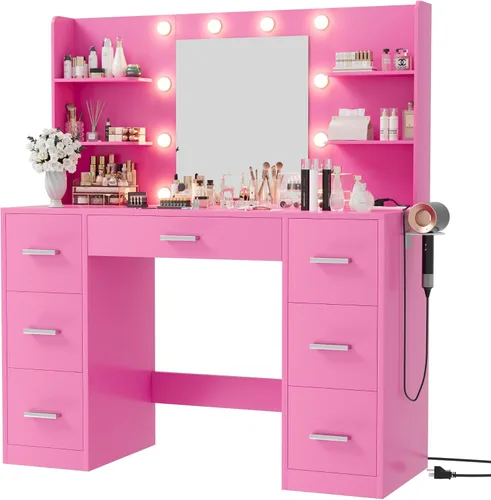 Miniatura 14 de Furmax - Escritorio de tocador con espejo, luces LED y toma de corriente, mesa de maquillaje con 7 cajones y 6 estantes de almacenamiento, mesa