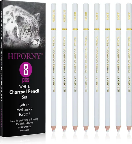 HIFORNY Juego de 8 lápices de carbón blanco para dibujo, bocetos, sombreado, mezcla, lápices de tiza para principiantes y artistas