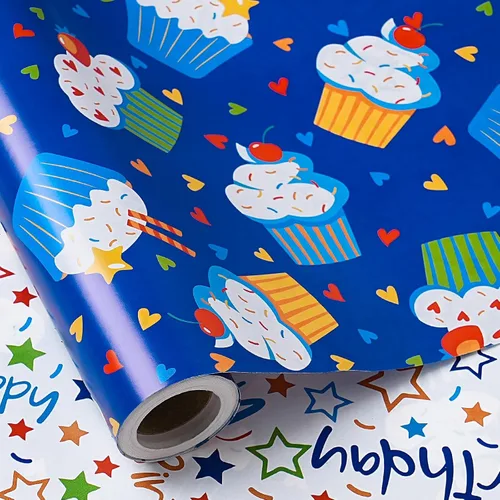 Miniatura 2 de RUSPEPA Rollo de papel de regalo reversible de cumpleaños, mini rollo, diseño de cupcake azul y texto colorido feliz con estrellas, colorido