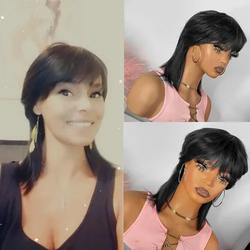 Miniatura 23 de PangDongLai Pelucas de cabello humano con corte Pixie para mujeres negras, pelucas de corte Pixie en capas con flequillo, sin pegamento, cabello