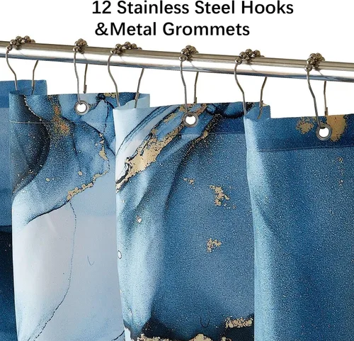 Miniatura 4 de Juego de cortinas de ducha de mármol azul dorado, cortinas de ducha abstractas de mármol para decoración de baño con 12 ganchos de metal, accesorios