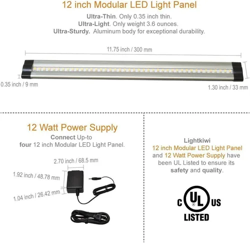 Miniatura 2 de Lightkiwi Kit de 3 paneles de iluminación LED regulable para debajo del gabinete, 12 pulgadas cada uno, blanco cálido (3000 K), 9 vatios, 24 V CC