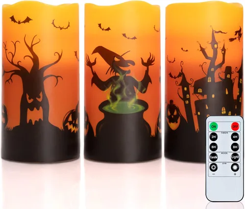 Miniatura 11 de Homemory Velas de Halloween, velas sin llama naranjas, velas led de pilas impermeables para exteriores con calabazas impresas, con mando a distancia