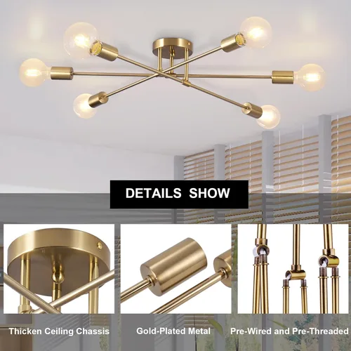 Miniatura 4 de Lámpara de techo semiempotrada, lámparas de araña Sputnik modernas de 6 luces en latón con base E26, lámparas de cocina estilo granja vintage