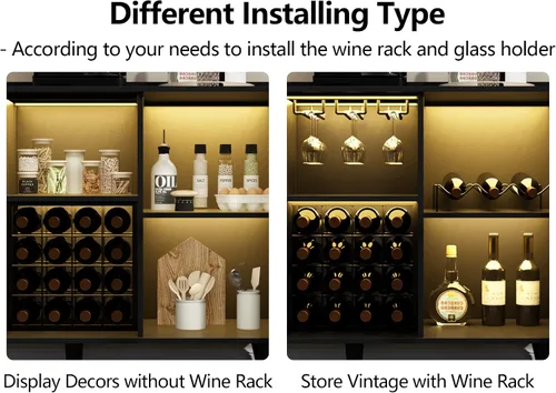 Miniatura 6 de Auromie Armario de bar de vinos con luz LED, gabinete de café para el hogar con estante para vino y vidrio, aparador de cocina con estantes de Negro