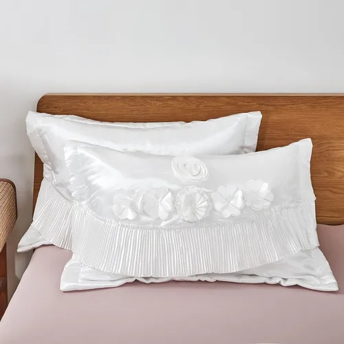 Miniatura 7 de Tache - Juego de edredón de 6 piezas de satén sedoso con volantes de encaje floral blanco perla brillante dulce victoriano glamour lujoso boda