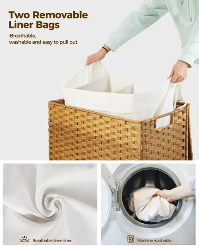 Miniatura 21 de GREENSTELL Cesta para ropa sucia con ruedas y tapa, 130 L, cesta grande de 3 secciones con 2 tipos de bolsas de forro extraíbles, 5 bolsas de malla