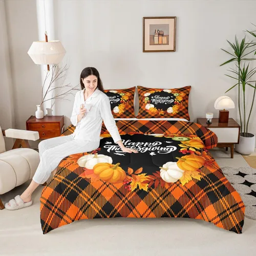 Miniatura 15 de Juego de edredón de cosecha de calabaza de otoño, tamaño individual, juego de ropa de cama de otoño con hojas de arce y girasol, decoración