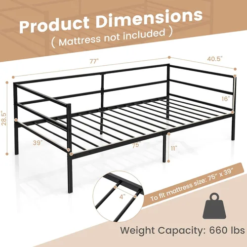 Miniatura 2 de Giantex Marco de cama de metal tamaño individual, cama de día con soporte de listones de metal y barandillas de 3 lados, sofá cama 2 en 1 que ahorra