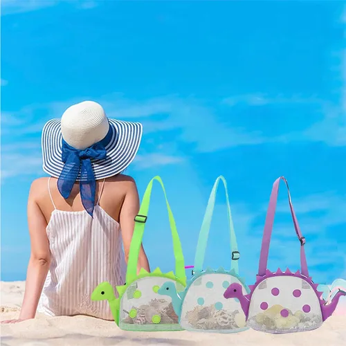 Miniatura 6 de AUONY Bolsa de playa de malla para juguete de playa, bolsa de conchas para niños, bolsa de juguete de arena de dinosaurio para sostener conchas, Azul
